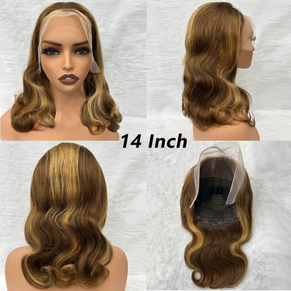 Douyin Honey Blonde Bob Wig Human Hair 14 Inch 13x4 Body Wave 4/27 Highlight Ombre HD Lace Front Wigs Human Hair Pre Plucked Glueless Lace Frontal Bob Wigs for Women