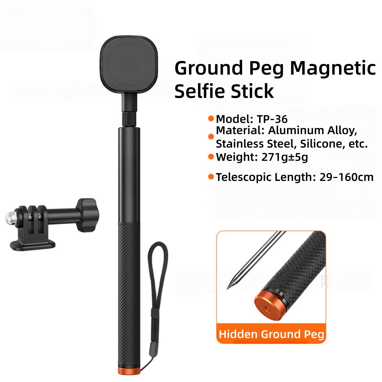 Magnetyczny kij do selfie z kołkiem uziemiającym, teleskopowy drążek przedłużający 160 cm do smartfonów i kamer sportowych, monopod ze stopu aluminium ze śrubą 0,6 cm do vlogowania na zewnątrz, golfa
