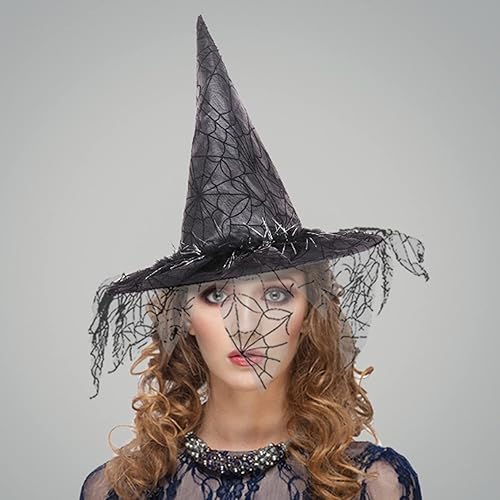 Miniatura 5 de Sombrero de bruja de Halloween para mujer, velos de encaje vintage, sombreros impresos, suministros de fiesta, accesorios de disfraz de Halloween