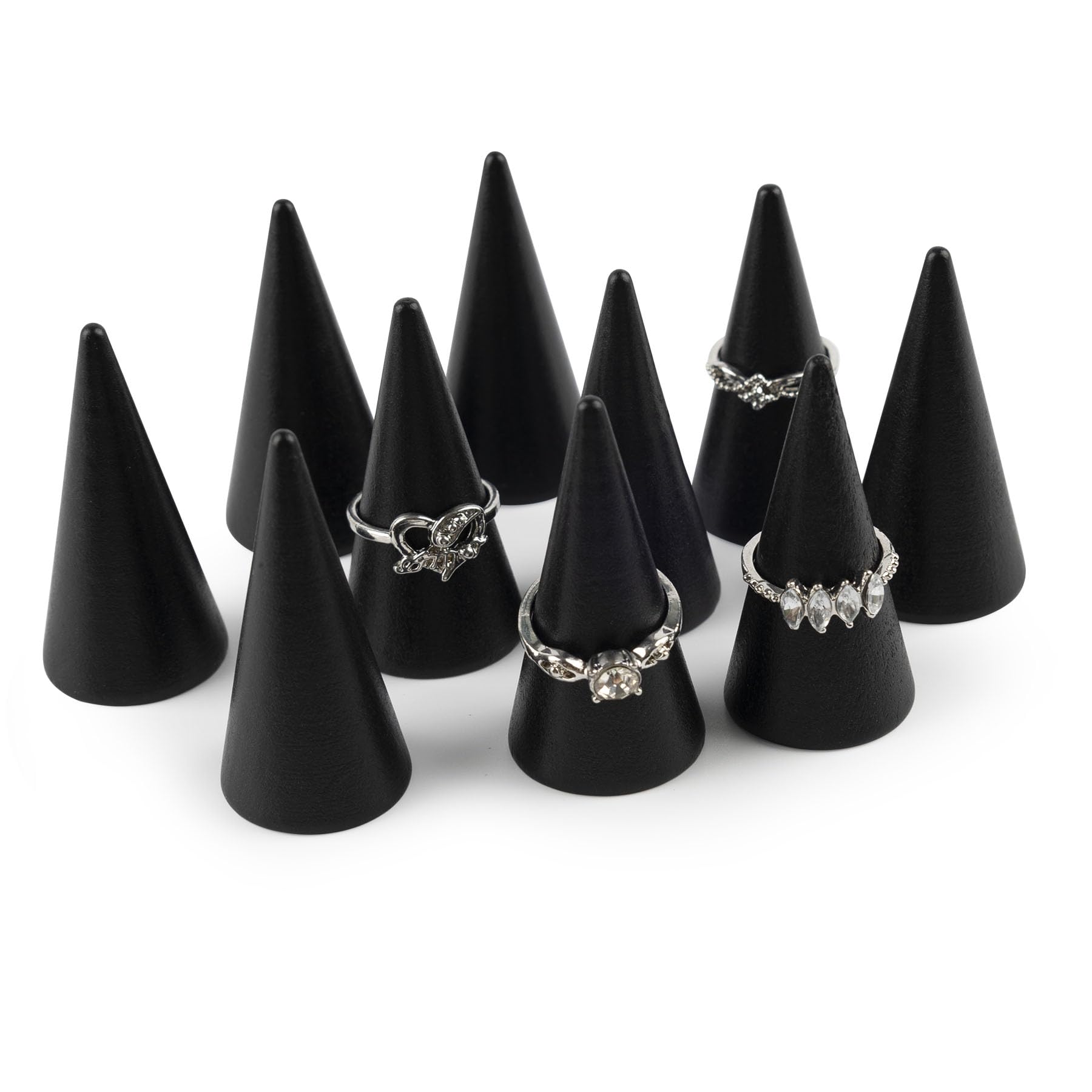 AUEAR, 10 Pack Wood Cone Ring Holder Finger Jewelry Display Stand DIY Craft Wooden (Black, Vertical Shaped)
