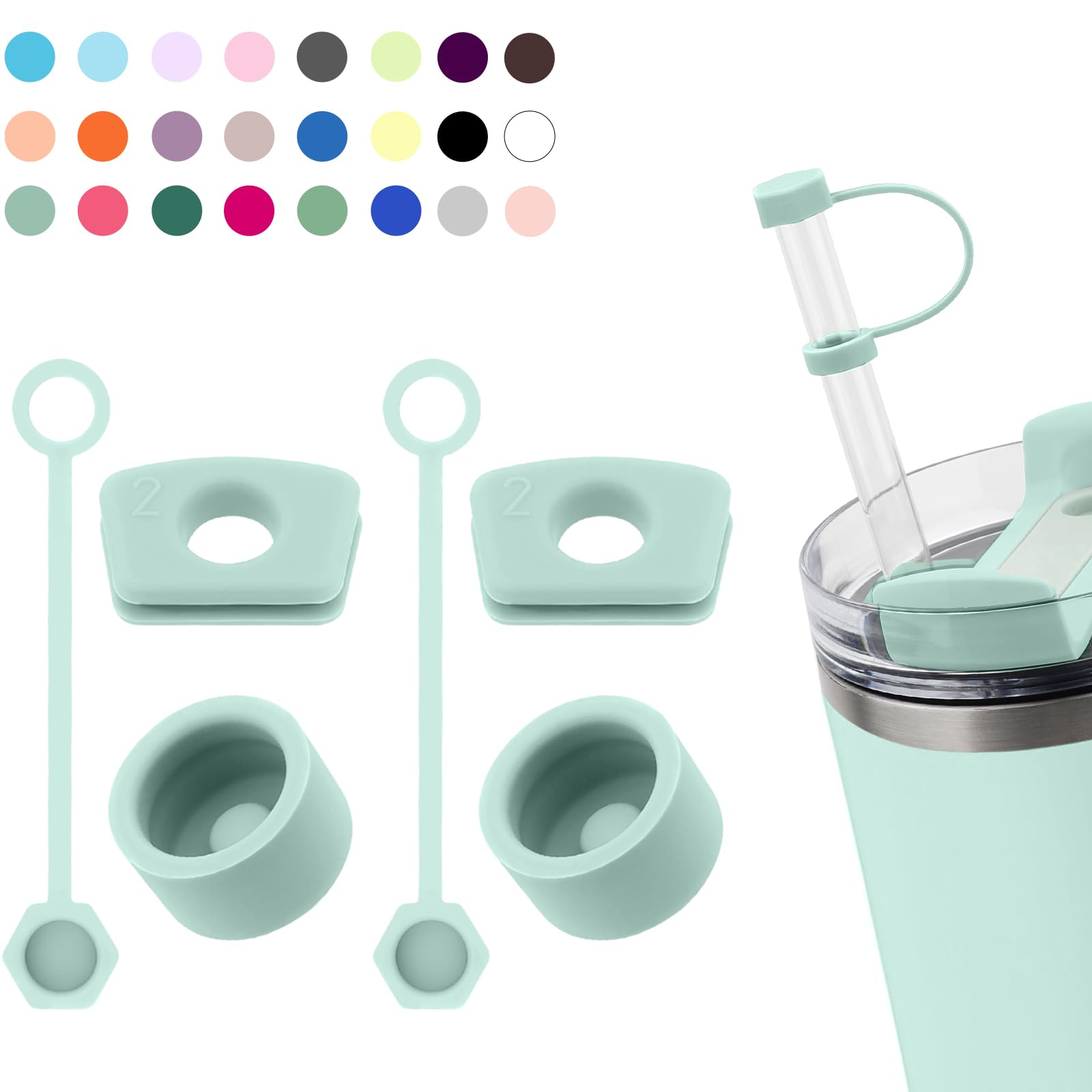 DUNLAGUE Silicone Spill Stopper Set for Stanley Cup 2.0 30oz & 40oz with Straw Cover (Set of 2, Seafoam) — image 1