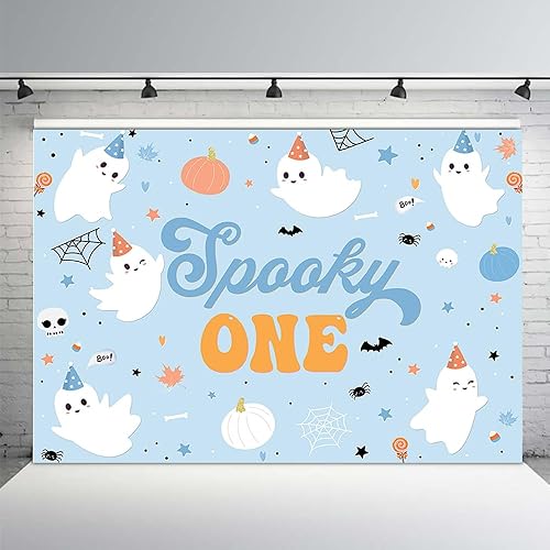 MEHOFOND Telón de fondo de feliz cumpleaños de Halloween de 7 x 5 pies para niños, 2 segundo cumpleaños, Little Boo is Turrning dos suministros de