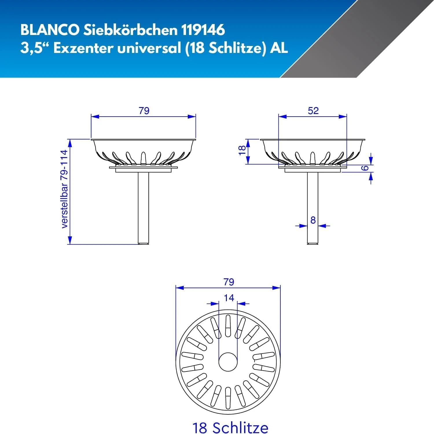 Blanco 119146 - Escurridor de Acero Inoxidable con piñas para manejo excéntrico (7,9 cm, 18 Ranuras de desagüe, artículo Original)