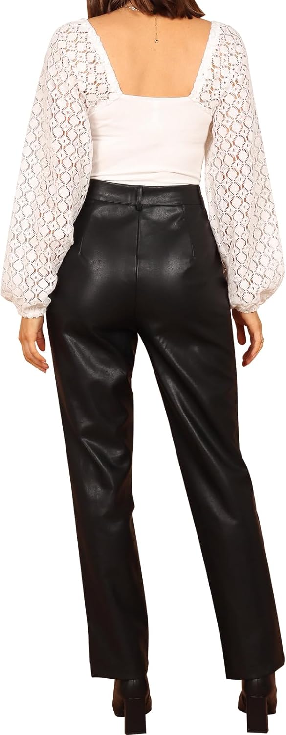 hibshaby Sexy Women Faux Leather Straight Leg Pants High Waisted Pu Leather Leggings Zipper Trousers - Image 4