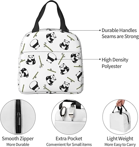 Vista 6 de Bolsa de almuerzo con diseño de oso panda y bambú para mujeres y hombres, con bonito estampado de panda, contenedor aislado con bolsillo frontal