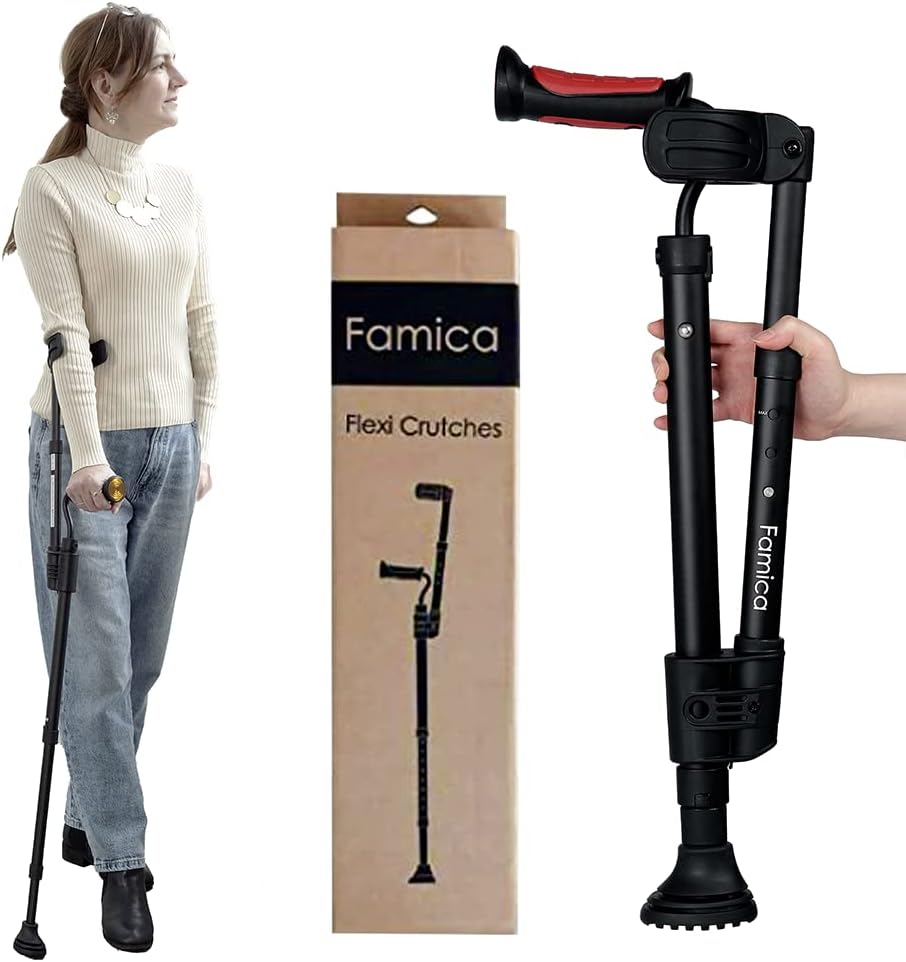 FlexiCrutch for Adult (x2 Unit, Open Cuff) - Red Dot Design Award Winner, Portable Mobility Aid for Seniors, Post-Surgery, Injury Recovery, Adjustable Ergonomic Handles, Cuff, Height, Foldable, Lightweight and Non-slip Forearm Crutches