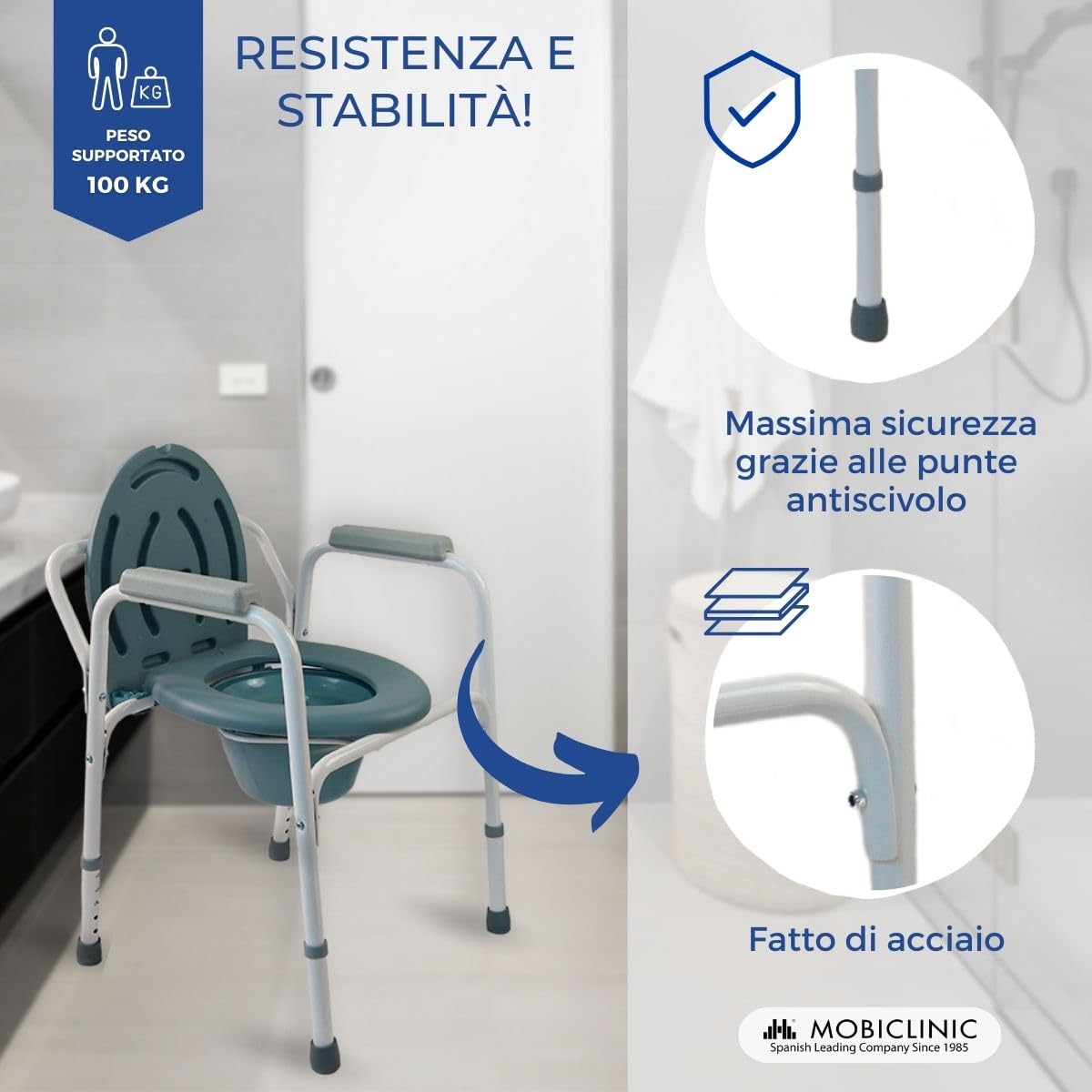 Mobiclinic®, Sedia con WC, Arroyo, Coperchio, Secchio Estraibile, Regolabile in 5 Altezze, Piedini Antiscivolo, Braccioli, Supporta Fino a 100 kg, Acciaio