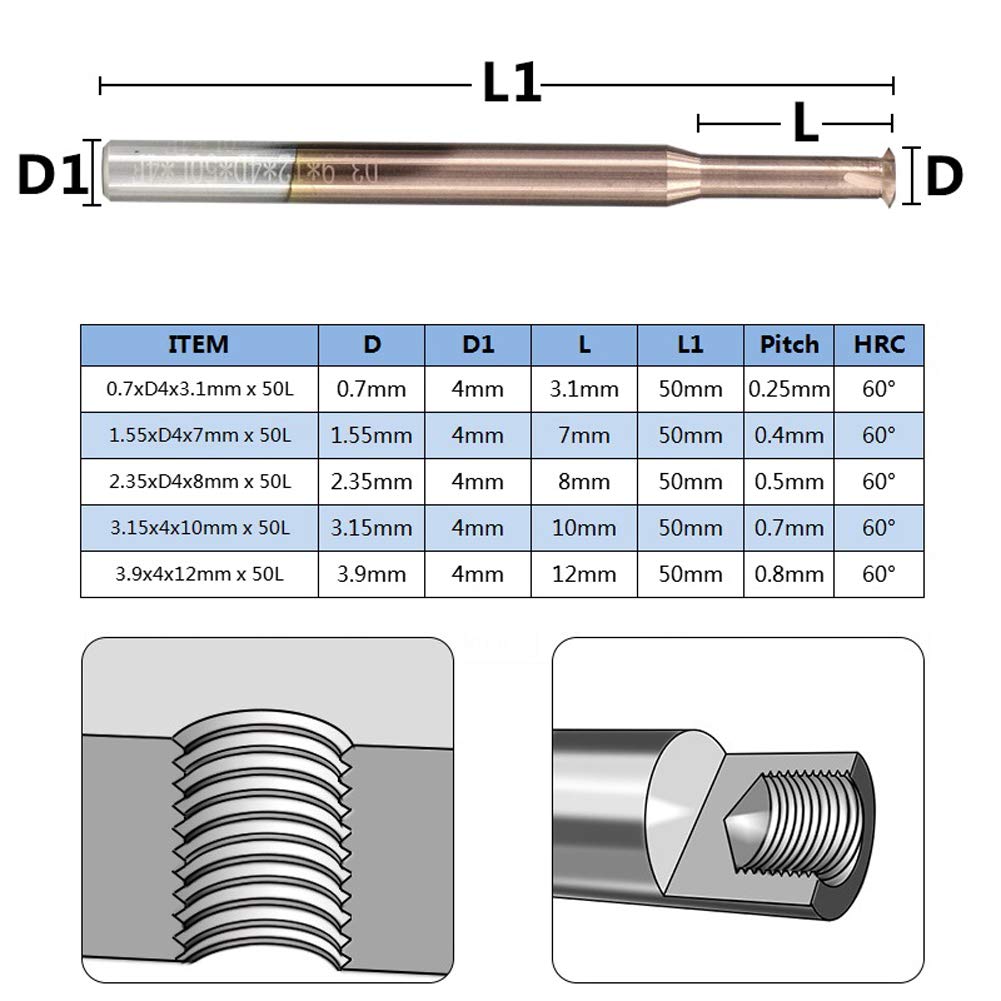 1Pc Ticn Beschichtung Gewindefräser P0.25-P0.8 Einzelgewindefräser Hartmetall-Fräser,P0.5*D2.35*D4*8 * 50L