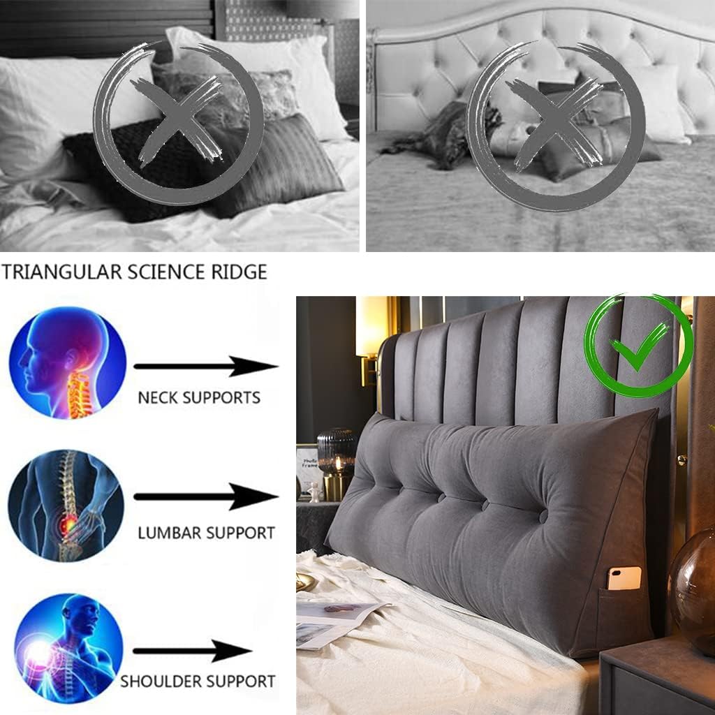Solid Color Triangular Reading Pillow,Large Bolster Headboard Support Cushion for Pregnancy, Twin Double Headboard Sitting Up Pillow for Watching TV, Gaming,Sofa,Grey,39inch/100cm