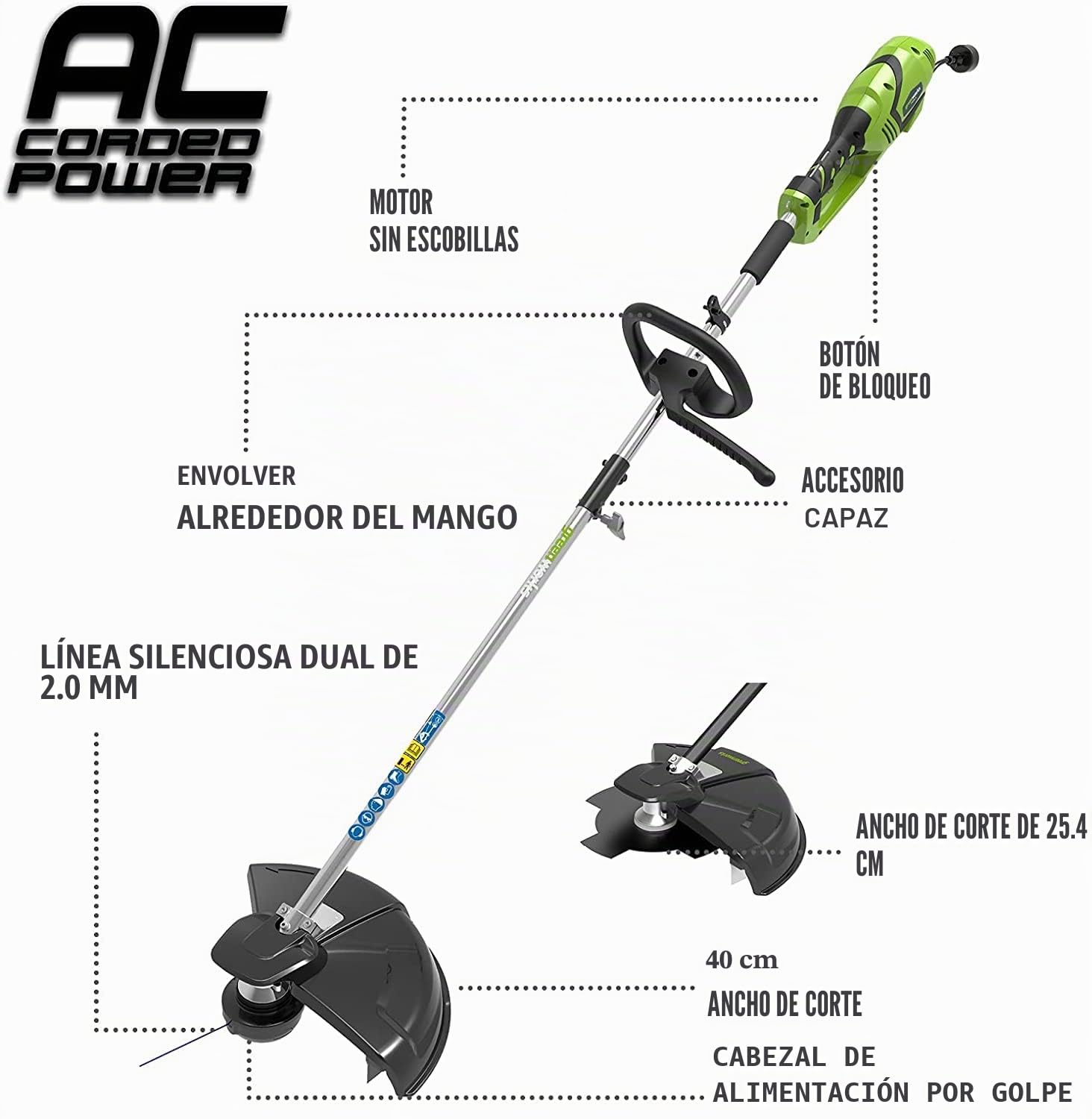 Greenworks Cortabordes Eléctrico y Desbrozadora 230V 1200W 40cm, Hilo de Recorte 20m