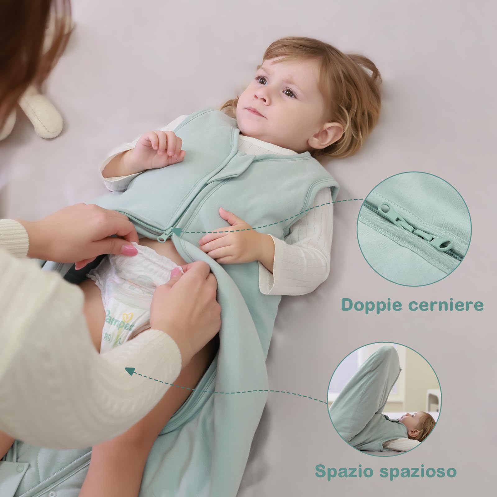 Mosebears Sacco nanna invernale per bambini, 2,5 Tog, 100% cotone, per diverse misure dalla nascita fino all'età di 24 mesi (Calm Sage, 18-24 mesi)