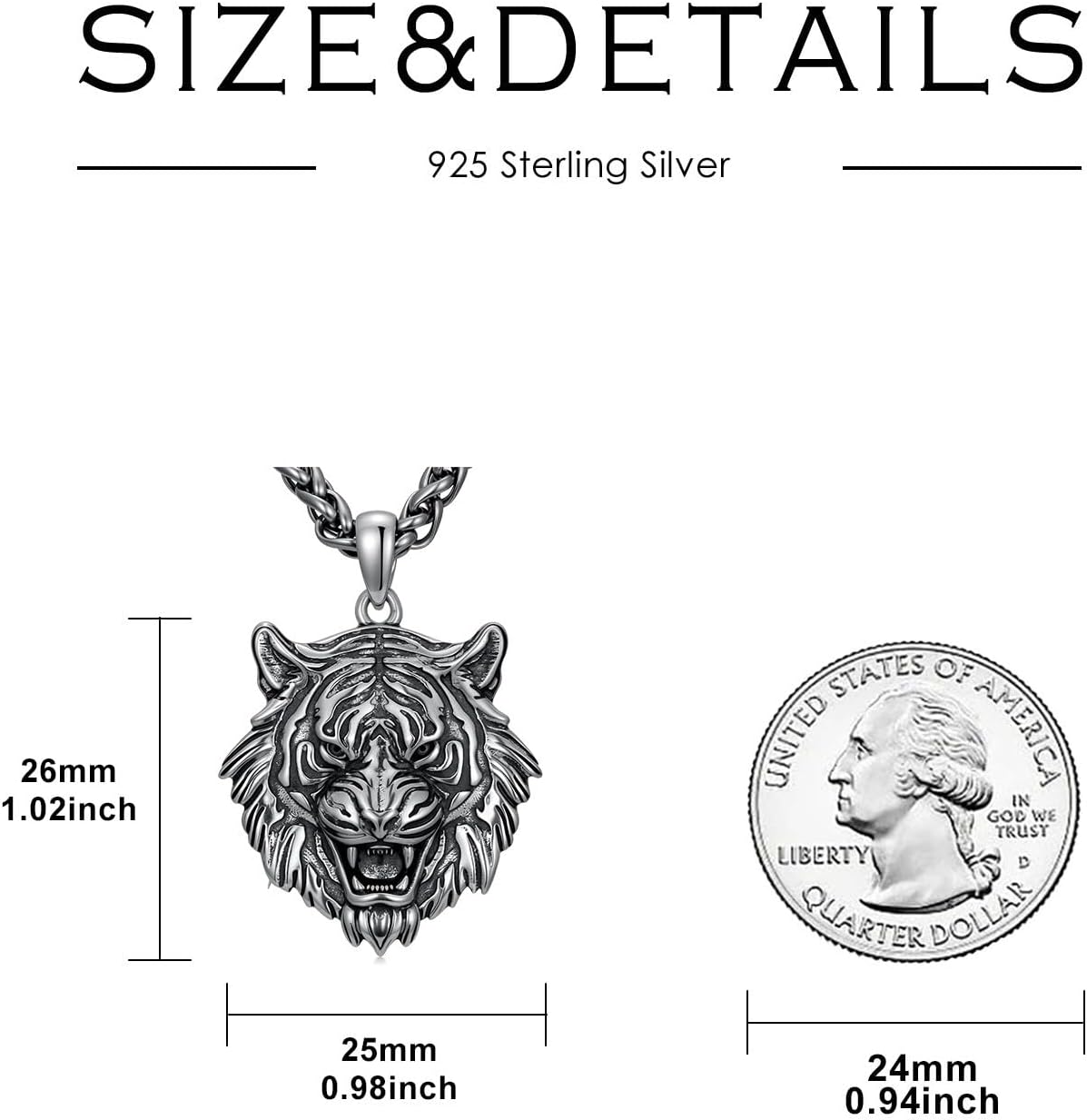 Tiger Head Necklace for Men 925 Sterling Silver Tiger Pendant Punk Jewelry for Dad Husband