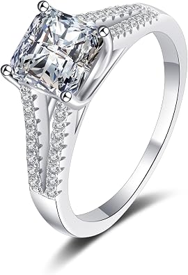 StarGems Asscher Cut Four Prong 2ct Moissanite 925 Silver Platinum-Plated Ring RX002