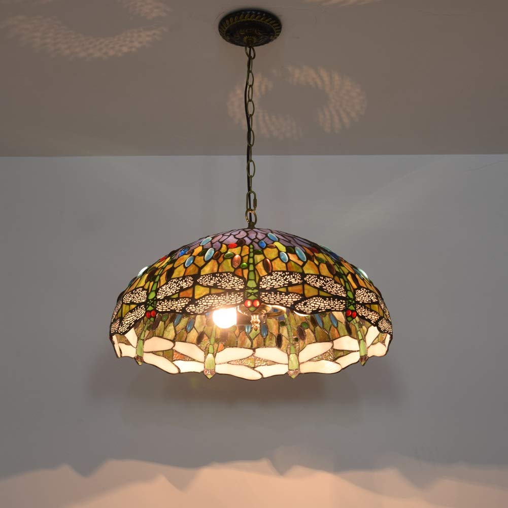 Żyrandol Witrażowy Sufitowy 50 Cm W Stylu Tiffany, Zielona Lampa Wisząca Z Ważką, Witraż, Salon, Jadalnia, Łóżko, Bar, Lampa Wisząca Sufitowa