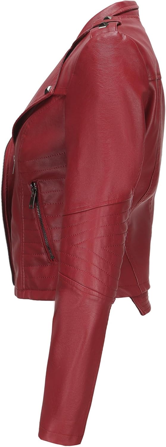 JEsilunmaMY Women's Rivet Short Leather Biker Coat Asymmetric Zip Slim Motorcycle Jacket Spring Fall Cropped Leather Jacket