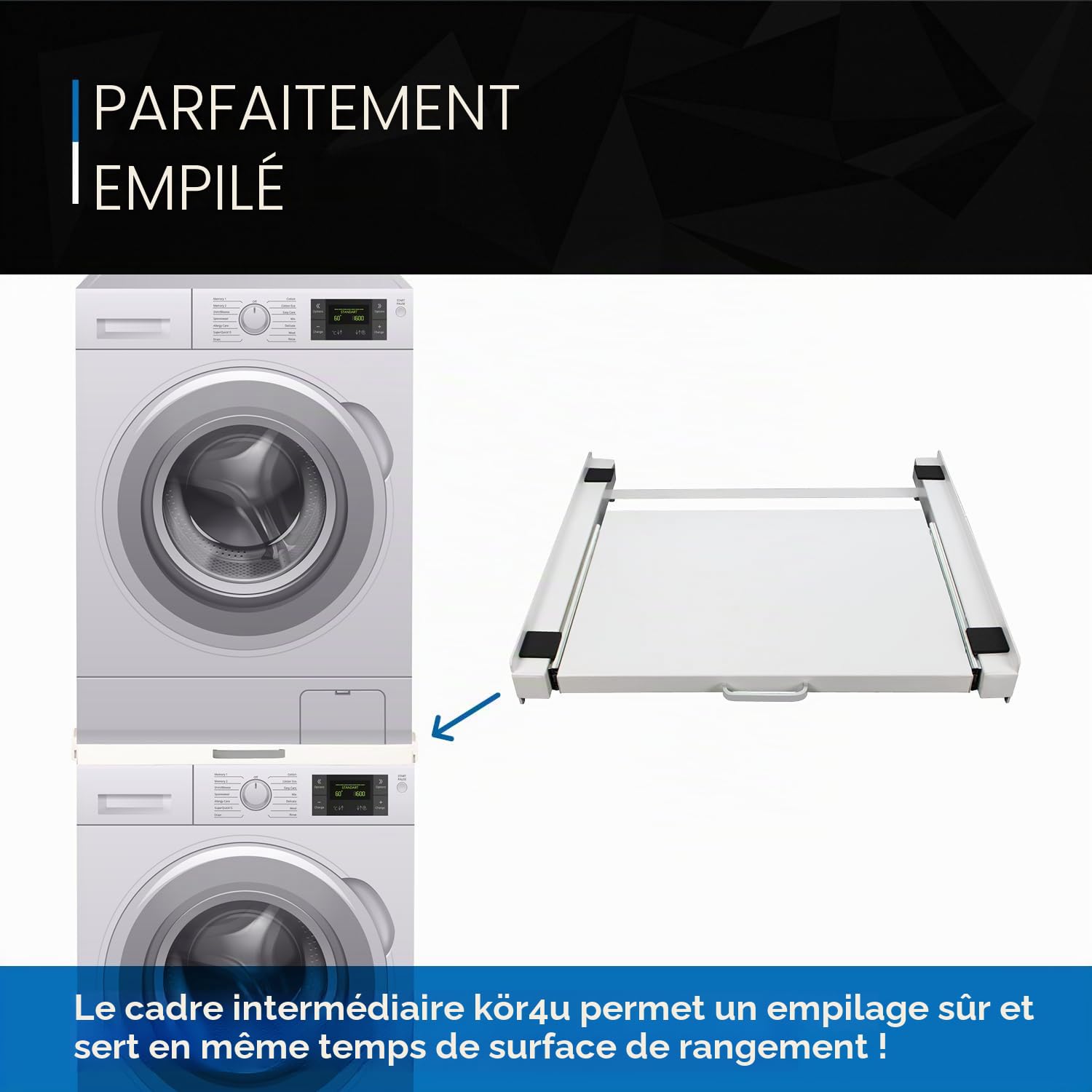kör4u Cadre intermédiaire blanc, avec plaque amovible, pour machine à laver et sèche-linge, en acier, 60,5 x 54,5 cm, avec sangle d'ancrage blanche