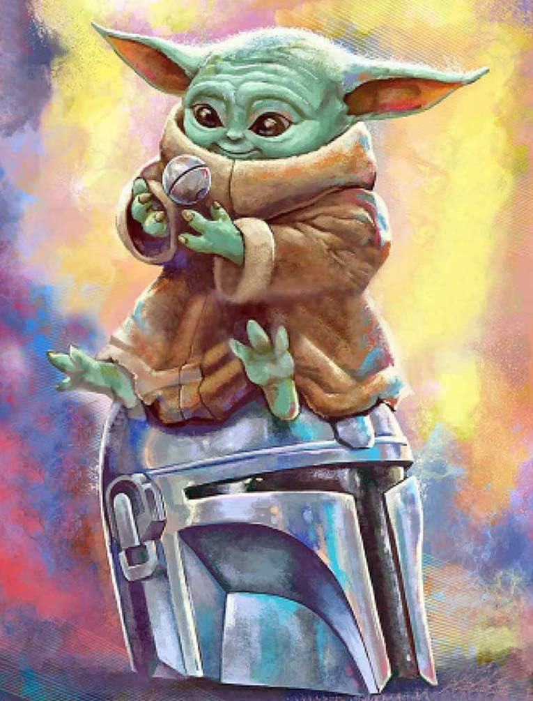 Plzoslly Paint by Numbers for Adults Kids, Star Wars Baby Yoda DIY 5D Diamond Painting Kits Mandalorian Round Full Drill Crystal Rhinestone Embroidery Arts Craft for Home Wall Decor 12 x 16 Inch