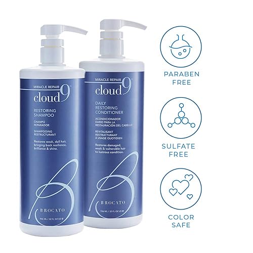 Vista 3 de Brocato Cloud 9 Champú restaurador + acondicionador dúo, 32 onzas líquidas, añade resistencia, humedad y brillo Restaura el cabello a condiciones