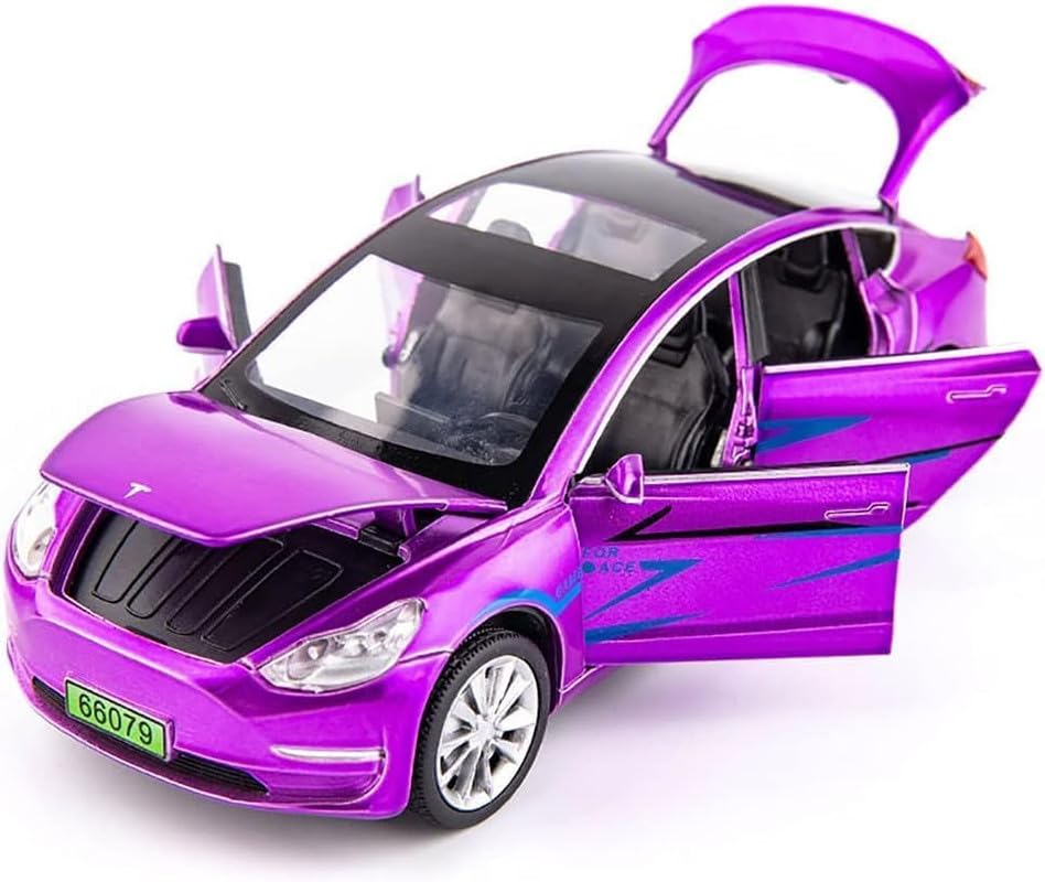 Image of Play Boy 1:24 Tesla Model Y Model Diecast Metal Alloy Pullback Toy Vehicle with Openable Doors Light and Music Car for Kids (Multicolor)