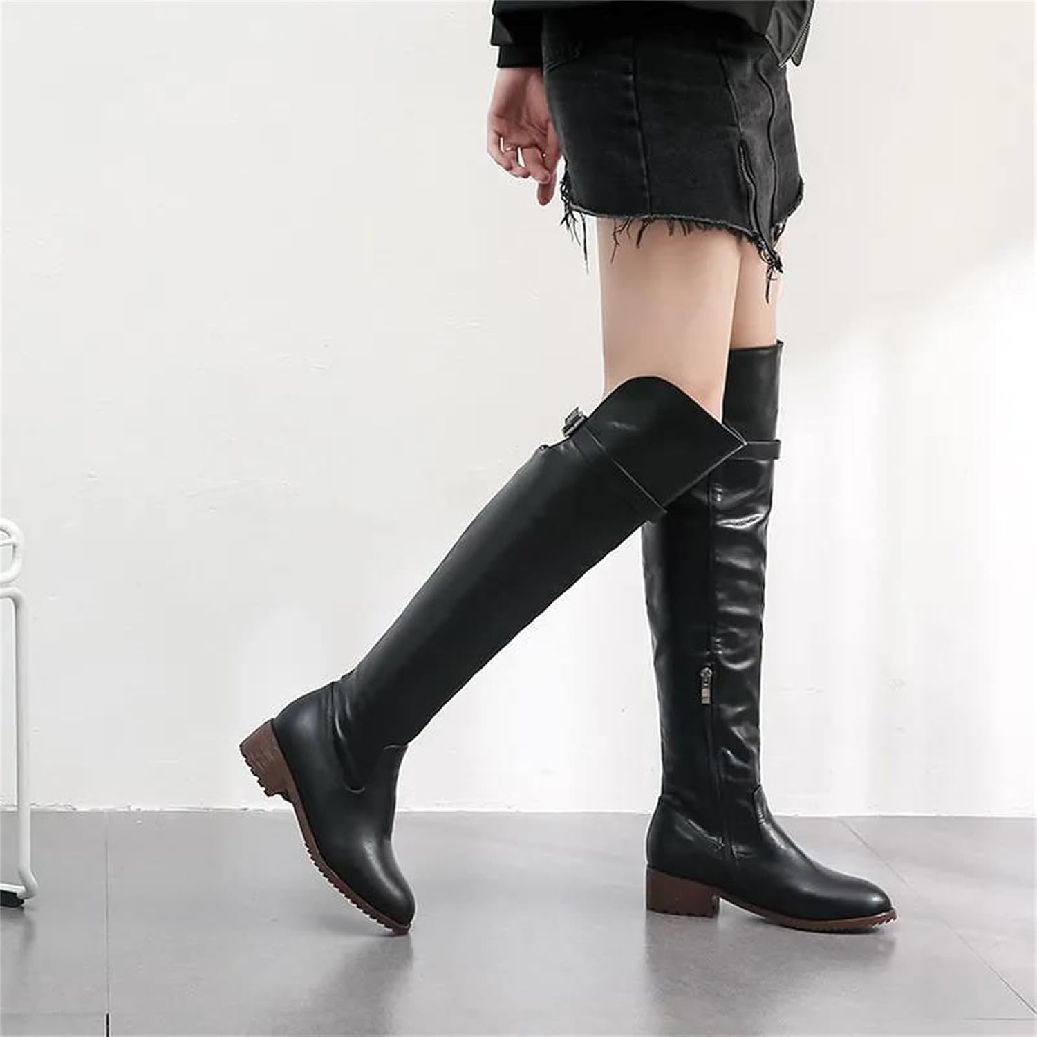 Women's Over-The-Knee Boots Retro Motorcycle Inspired Thigh High Style with A Low Square Heel and A Decorative Buckle Accent