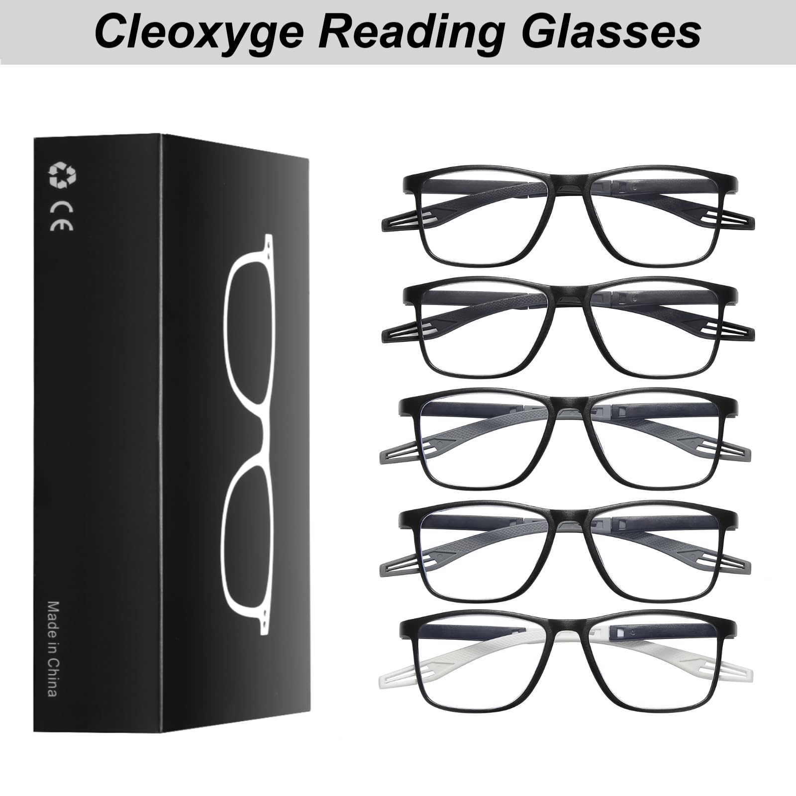 Cleoxyge 5 Pack TR90 Sports Reading Glasses for Men and Women Lightweight Comfortable Readers Square Flexible Blue Light Glasses+4.00 (5 Mix Color - Image 3