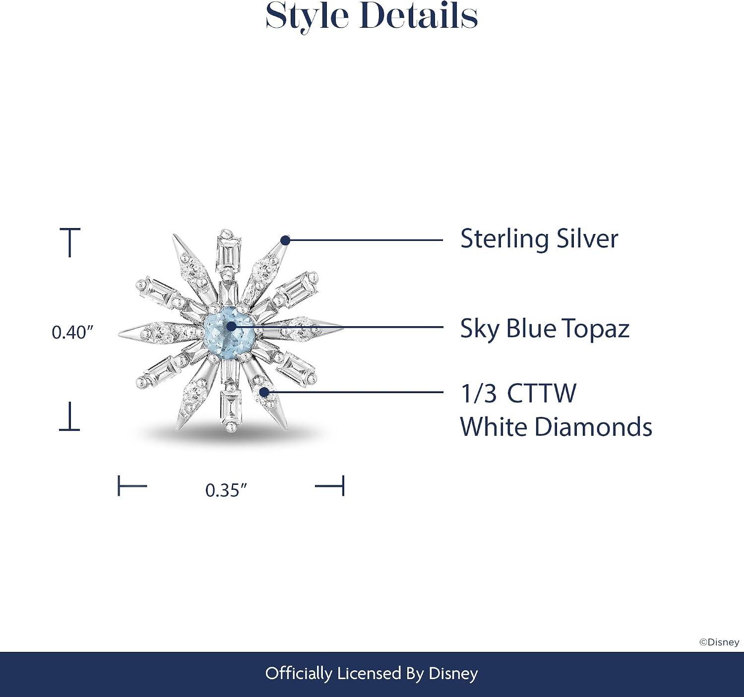 Jewelili Enchanted Disney Fine Jewelry Sterling Silver with 1/3 Cttw Diamonds and Sky Blue Topaz Elsa Snowflake Earrings