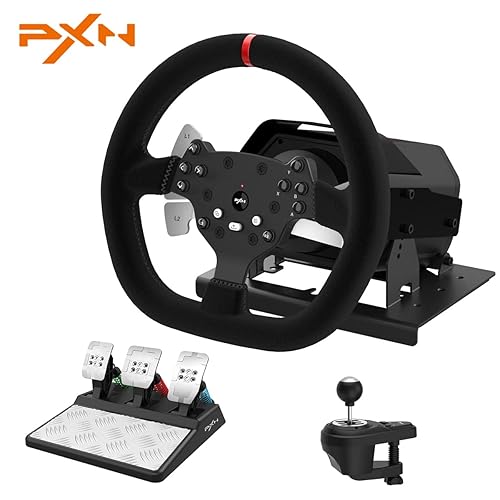 Force Feedback Steering Wheel, PXN V10 Real Force Feedback Driving Wheel with 6+1 Speed Shifter and Adjustable Magnetic Pedals, Stainless Steel