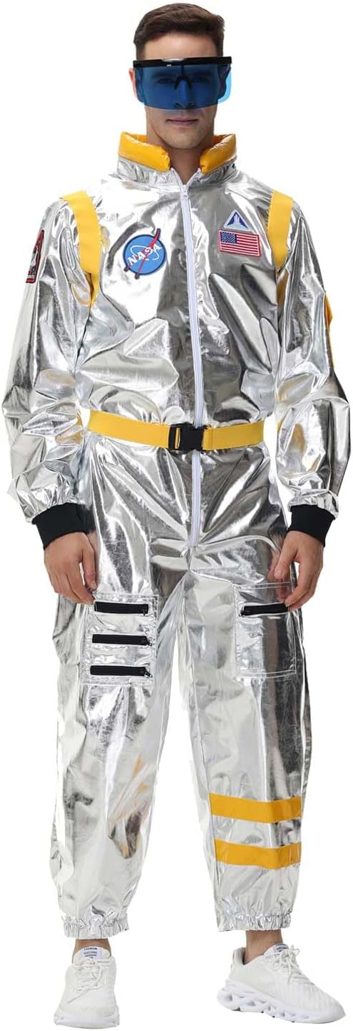 Astronaut Costume Adult Mens Silver Space Suit Astronaut Jumpsuit with Belt Halloween Cosplay Costume