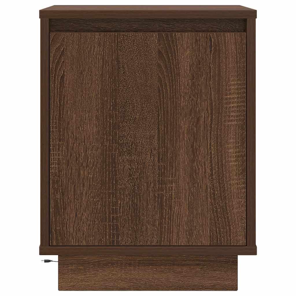 Szafka nocna z oświetleniem LED RGB, brązowy dąb, 38x34x50 cm, z drewnopochodnego materiału odpornego na wilgoć. Posiada dużo miejsca do przechowywania książek i szklanek, solidny