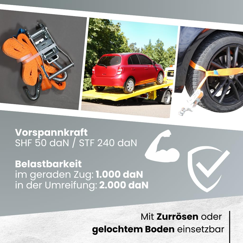 Zurrgurt-Set zum Fahrzeugtransport, 4 Stück, 35 mm x 2,90 m, 3-teilig