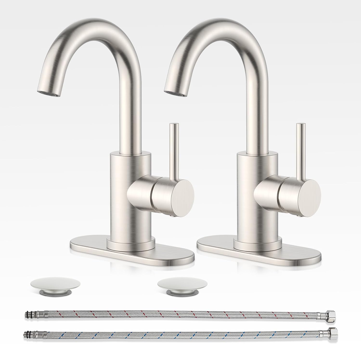 Bathroom Faucets, Single Handle Faucet for Bathroom Sink w/Deck Plate(1 or 3 Hole) and Pop-up Drain, Brushed Vanity Sink Faucet with 360° Swivel Gooseneck Spout, 2 Sets