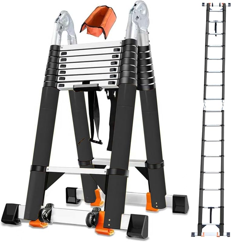 20FT A Frame Telescoping Ladder, Portable Type-A Collapsible Extension Ladder w. Double Balance Bars, Securing Straps, Wheels & Tools Bag, EN131 Certified Step Ladder (8+8Foot Step) (2026 Upgraded)