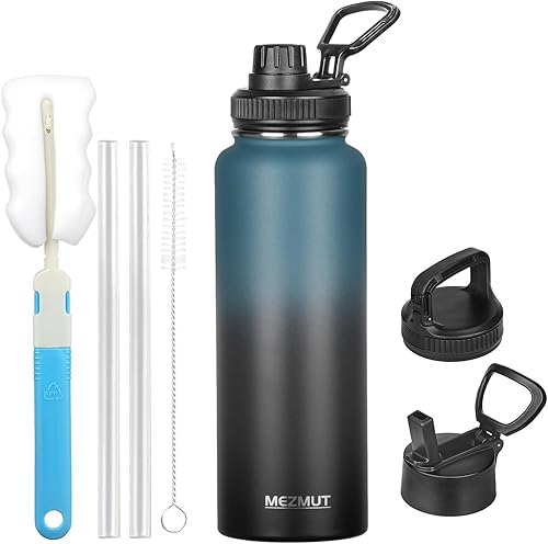 MEZMUT Botella de agua aislada con popote y 3 tapas, botellas de agua de acero inoxidable de 40 onzas, botella de agua de metal de doble pared