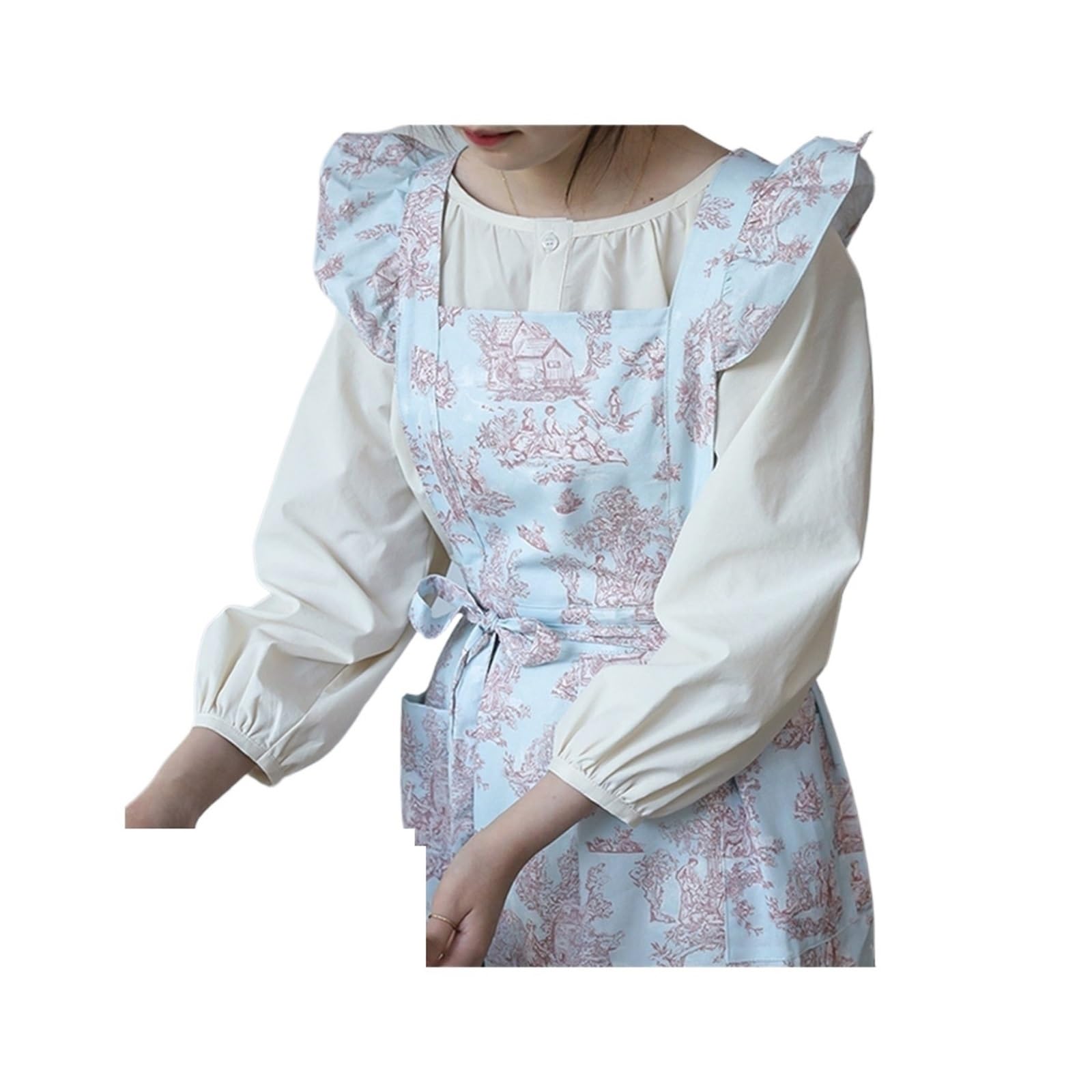 Tela Grembiuli Grembiule da donna in cotone idrorepellente con ricamo for cucina, giardino, incrocio sul retro, scamiciato lungo a pieghe, for cucinare