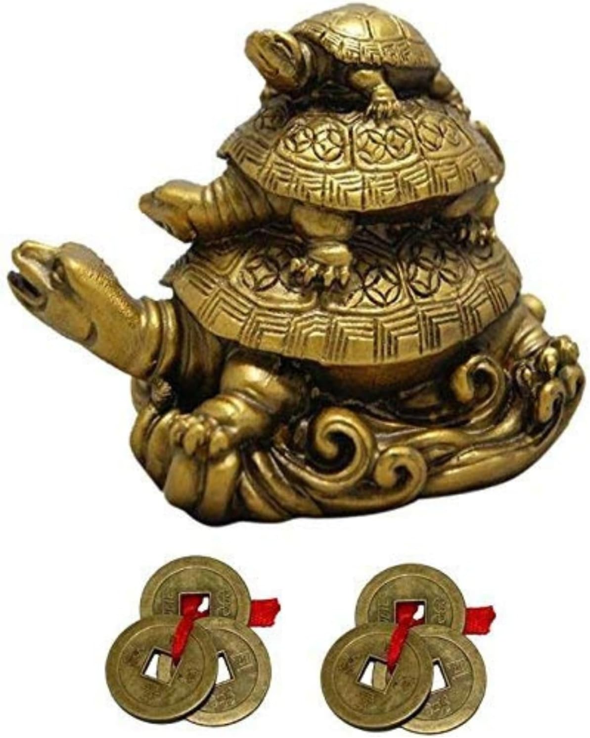 GJ Polyresin Feng Shui 3 Tortoise with 2 Lucky Coins for Good Luck & Wealth | Three Turtle Vastu Showpiece for Home Decor | House Warming & Shop Opening Gift