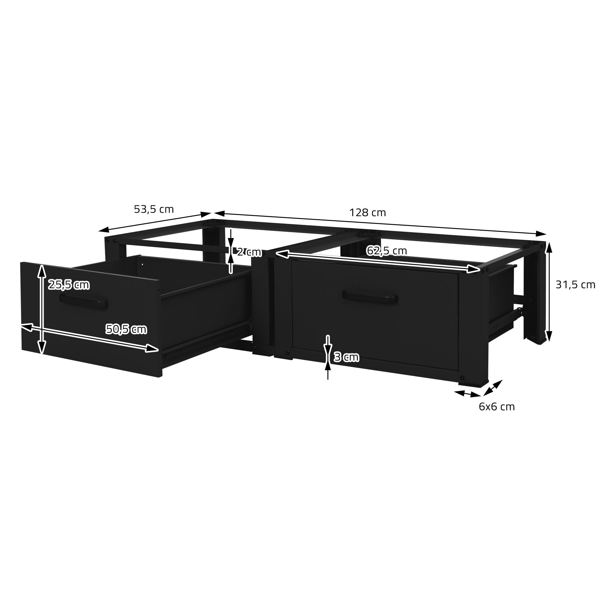ML-Design Czarna Podstawa Pod Pralke 128x53,5x31,5 Cm Stalowa Z Dwoma Szufladami Do 2x150 Kg Stabilna Dwukomorowa Konstrukcja Podwójna Baza Podniesiona Platforma Praktyczne Wsparcie Podstawa Suszarki