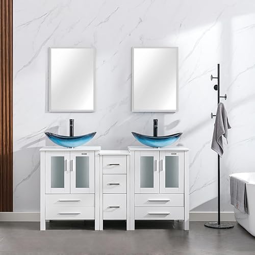 Miniatura 7 de eclife Juego de lavabo de tocador de baño de 60 pulgadas blanco con gabinete lateral, fregadero rectangular de cerámica blanca y grifo cromado para