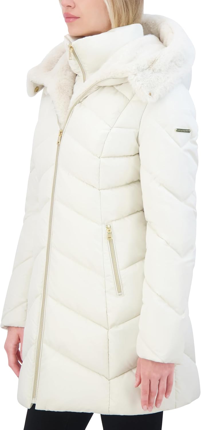Laundry by Shelli Segal womens Puffer Coat With Bib Insert– Quilted Winter Jacket Faux Fur Hood Shirred Collar - Image 3