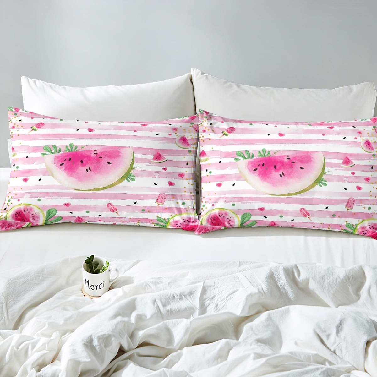Castle Fairy Watermelon Duvet Cover Full Size for Kids Teens,Boys Girls Summer Fruits 3 Pieces Duvet Cover,Pink Stripes Tie Dyed Comforter Cover (Not Comforter),Watercolor Summer Kids Quilt Cover
