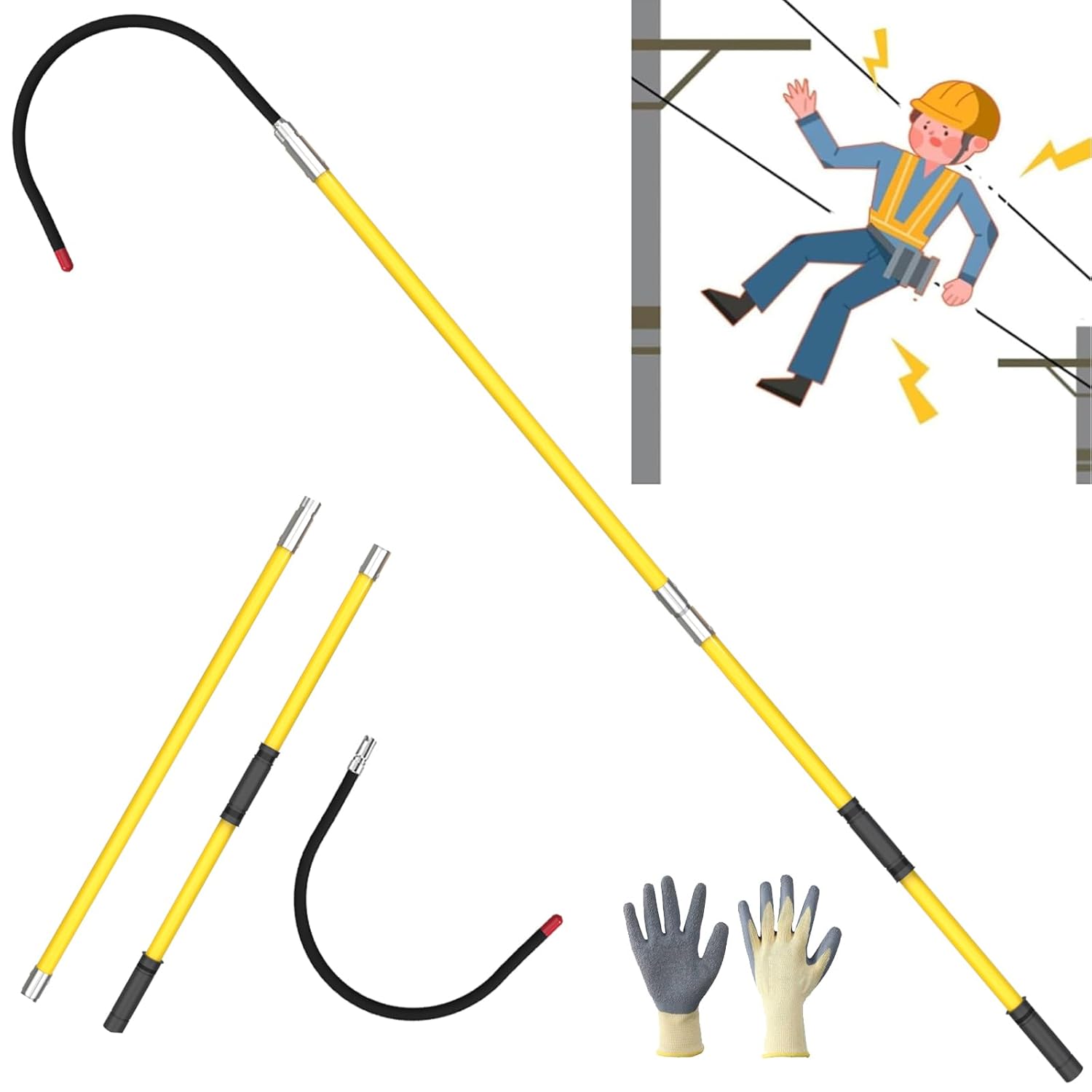 110kV High Voltage Insulated Rescue Hook​​ | ​​Retractable Fiberglass Pole​​ (3.3-6.6FT) | ​​18" Detachable Hook​​ + ​​Storage Bag​​ | ​​Non-Slip Handle​​ for ​​Substation/Fire/Construction(Yellow)