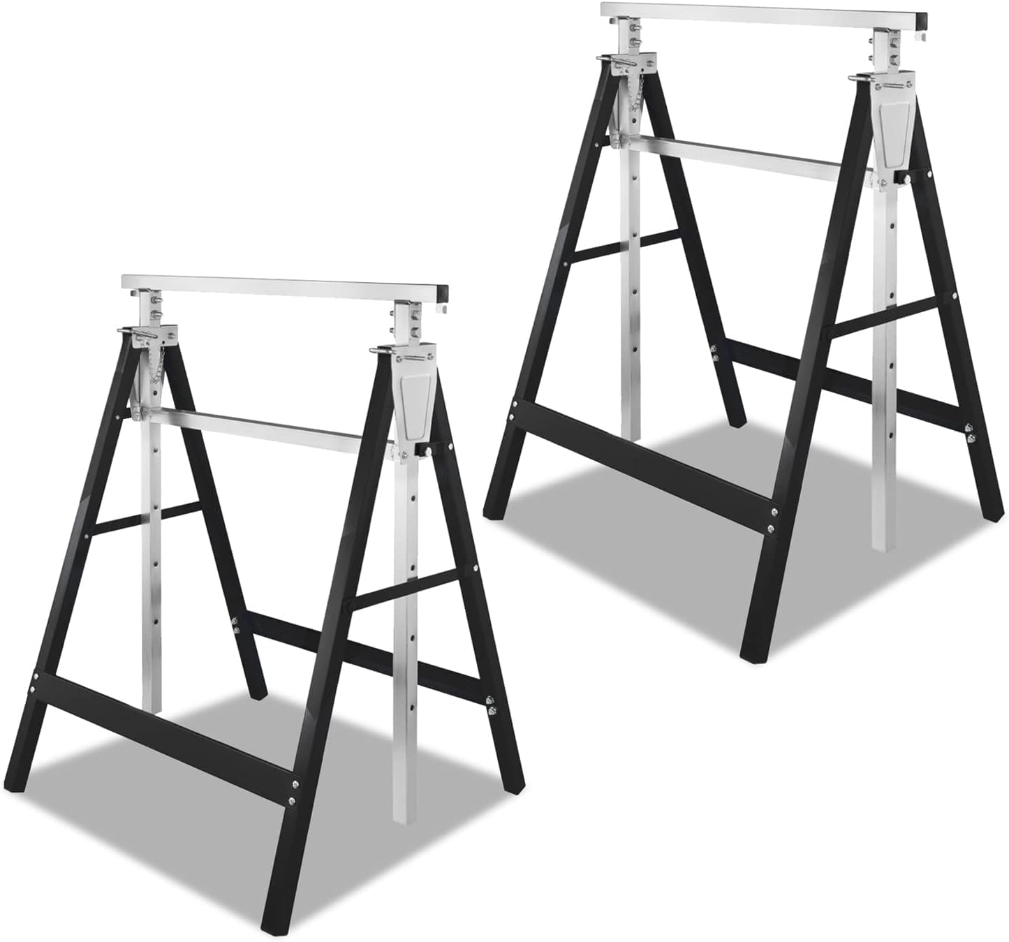 2x Gerüstbock Klappbock, Unterstellbock 7-fach höhenverstellbar 80-130 cm, Tragkraft 200 kg, Böcke Klappbar, Teleskop-Arbeitsbock, Schwarz Silber