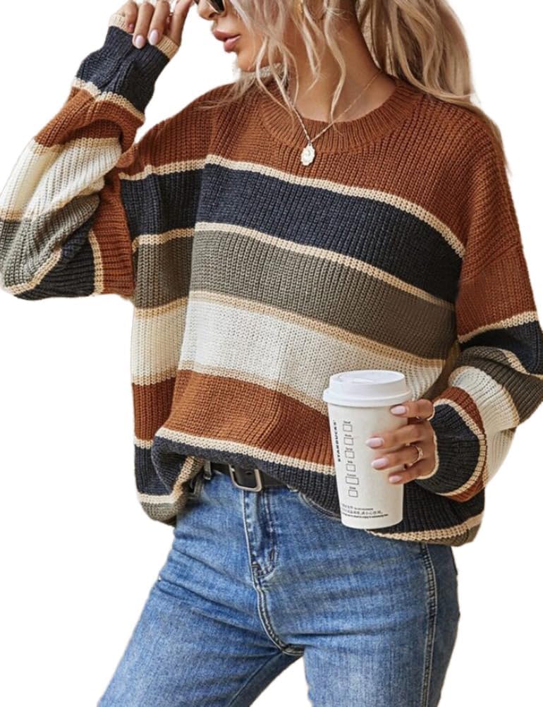 Kinghua Striped Knit Sweater for Women Fall Winter Casual Trendy Crewneck Pullover Color Block Sweaters Y2k Tops