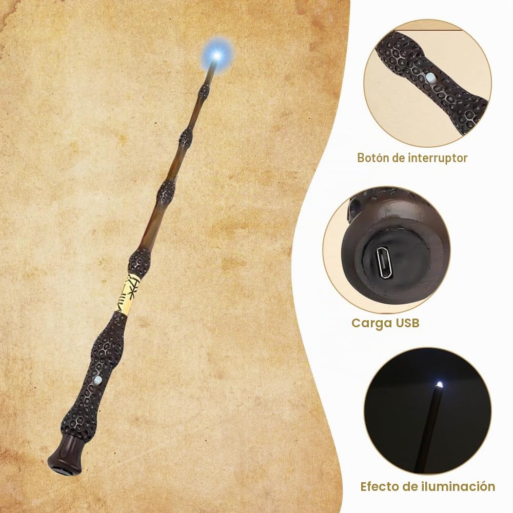 Varita mágica Dumbledore de 38 cm con luz, varita de élder Harry P-Otter, carga USB, varita mágica de resina con tarjeta de hechizo, tarjeta de estación, mapa, soporte