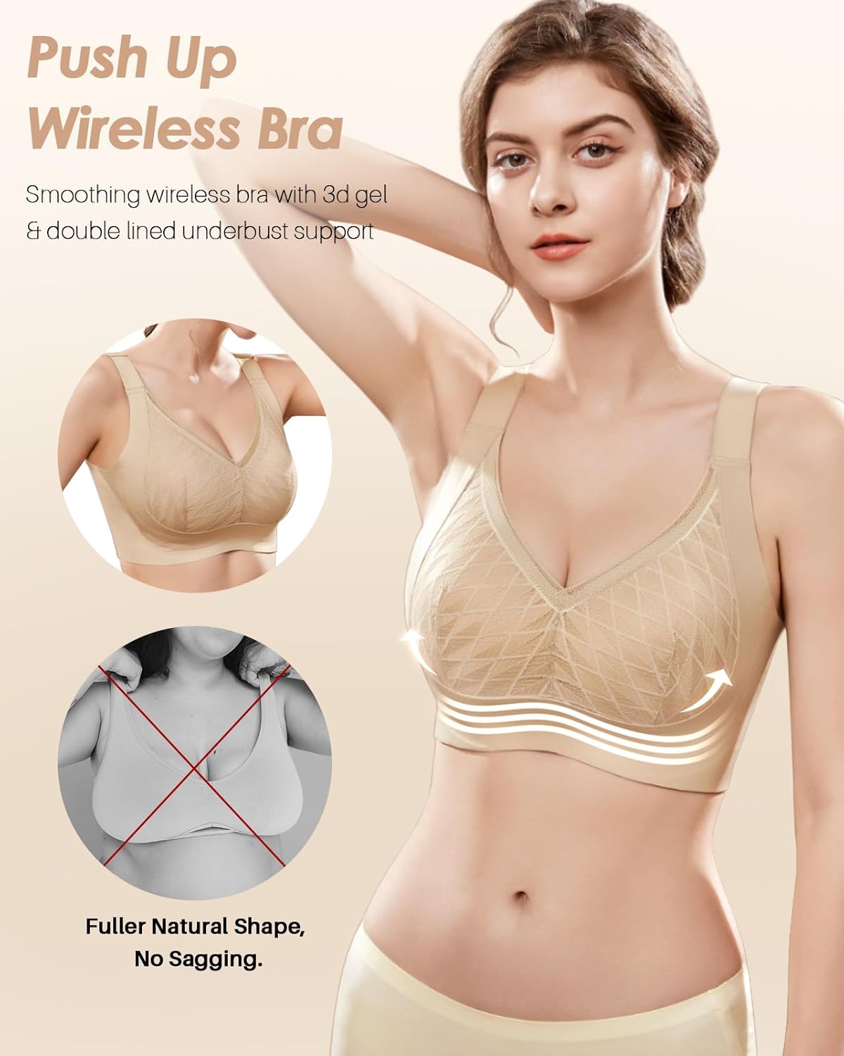 Wireless Support Bra Full Coverage Padded Push Up No Underwire Comfortable for Women Beige - Image 2