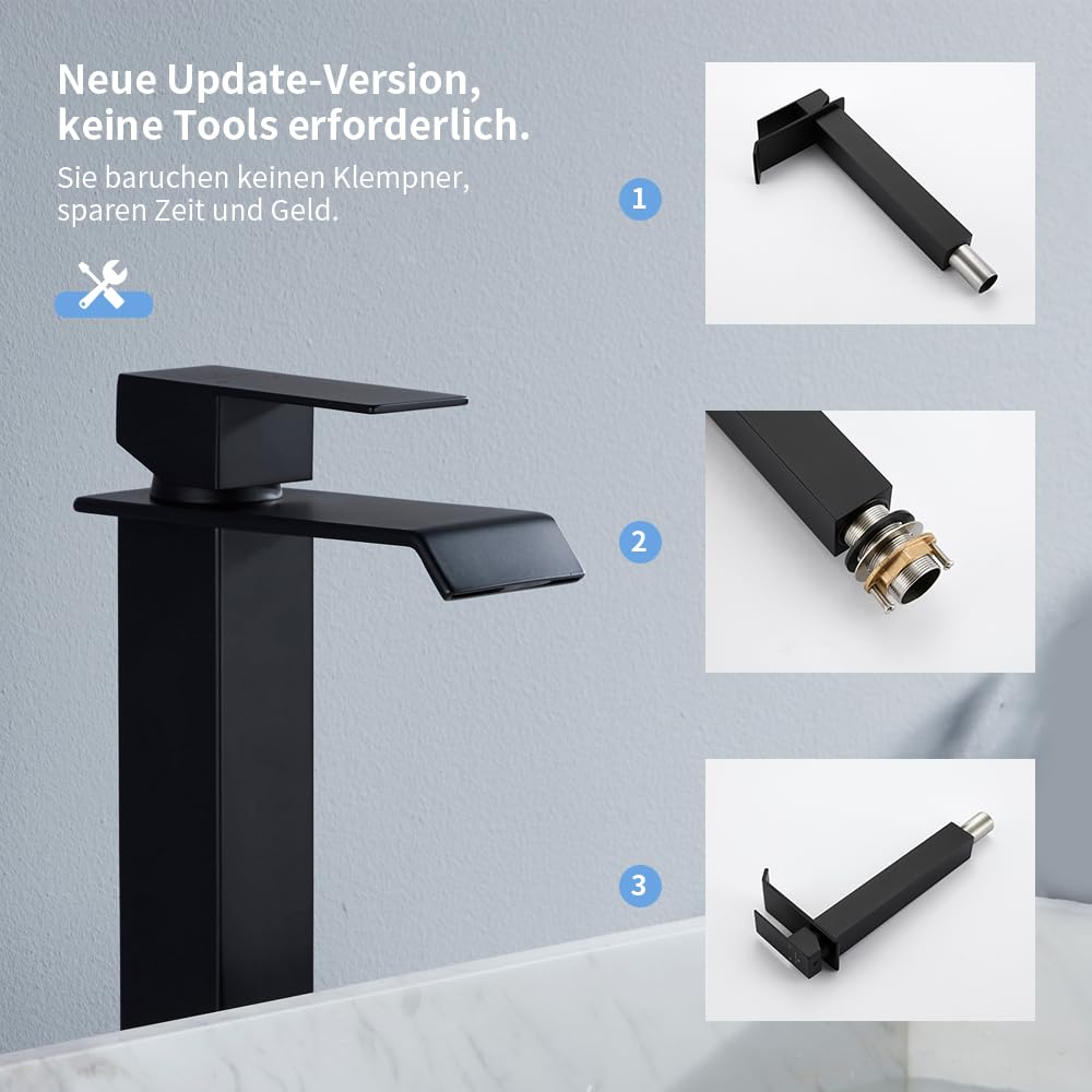 HOMELODY Wasserhahn Bad Schwarz, Wasserfall Einhandmischer Mischbatterie Waschbecken Waschtischarmatur mit Auslauf Höhe 247MM, Energiesparend Armatur Badezimmer, Eckig