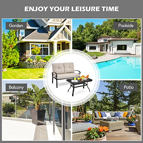 Giantex Patio Loveseat With Coffee Table Outdoor Bench With Cushion And Metal Frame, Loveseat Porch Furniture Set Sofa For Garden, Yard, Patio Or Poolside (Light Beige & Black) #TOP6