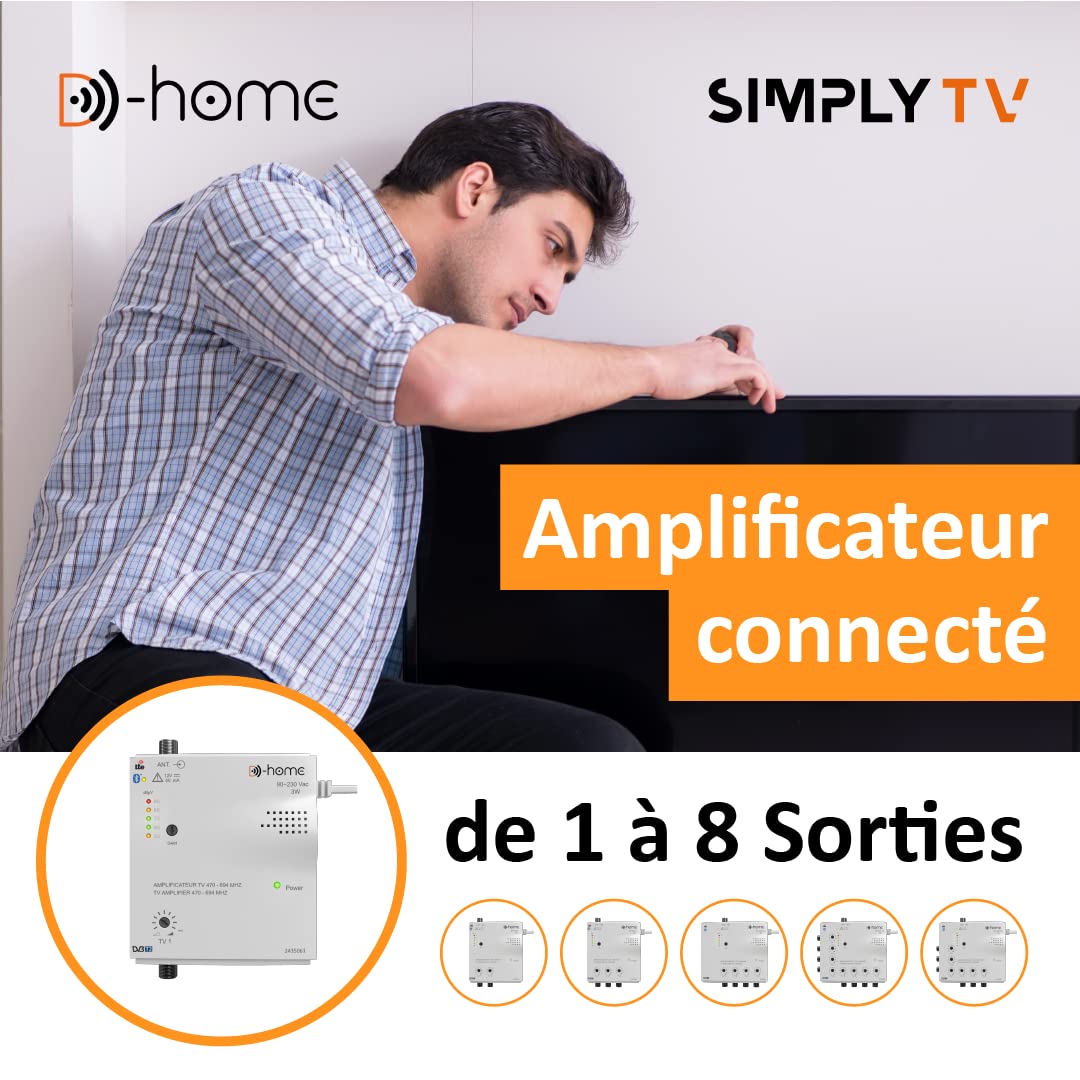 D-Home - Amplificatore TV TNT Interno 4 Uscite 26dB Filtrato 4G-5G, funziona con App TV Finder