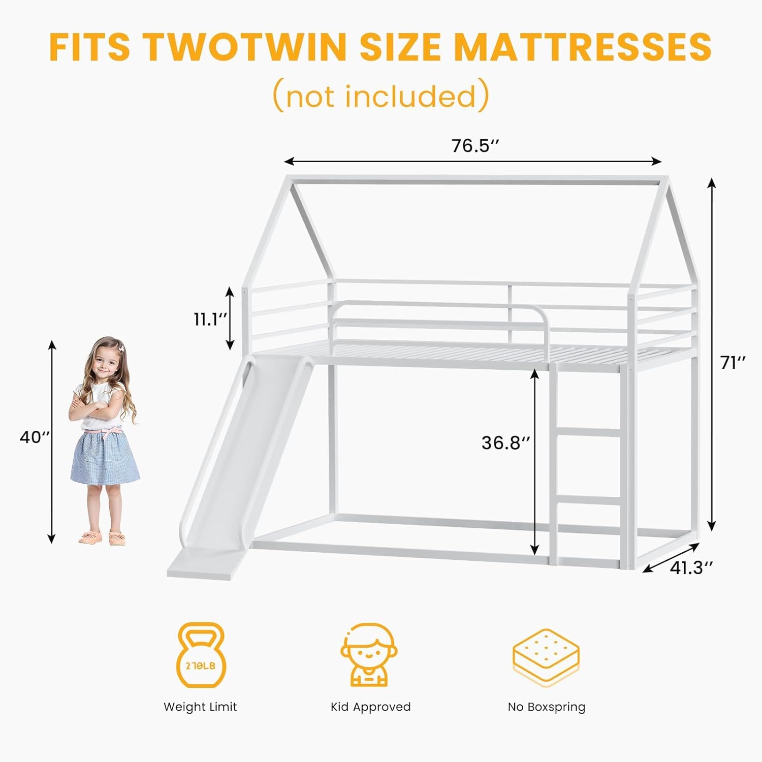 Twin Over Twin Bunk Bed with Slide, Junior House Low Bunk Bed Metal Bunkbeds with Ladder and Full-Length Guardrail for Girl, Boy, Floor BunkBed, No Box Spring Needed (White)