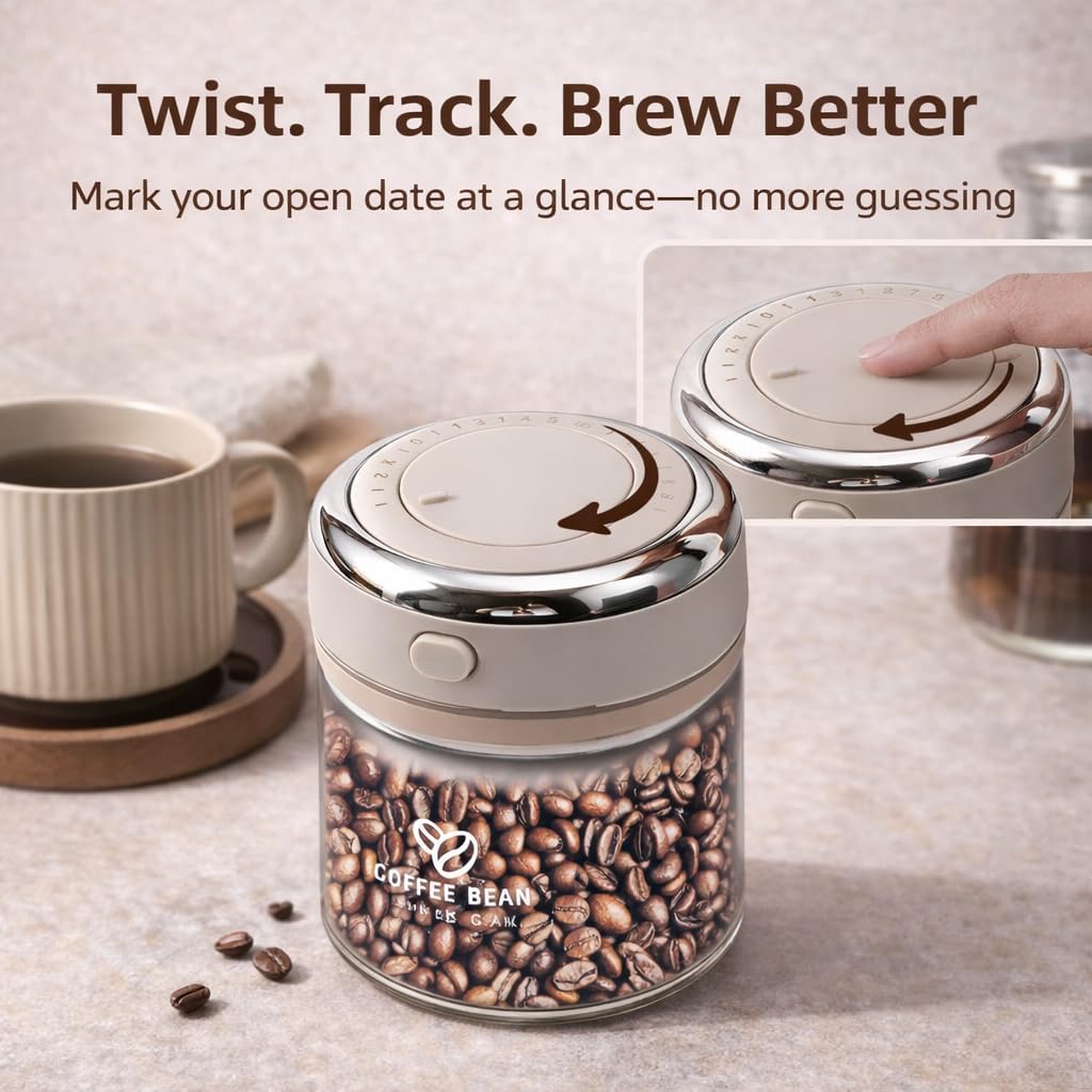 FUYIHGL® 2PCS Glass Coffee Bean Storage Canister with One-Way CO2 Valve | 17oz Small Airtight Container with Date Tracker Lid – Degassing Jar with 2 Shell Scoops (15ml/30ml) for Coffee Bar Tea Nuts