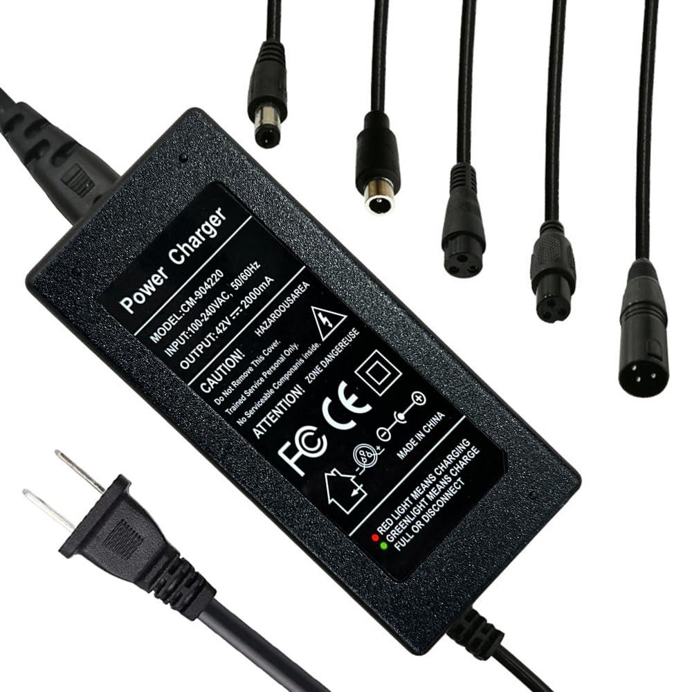 42V 2A Scooter Charger 5 Plugs - Universal for 36V Scooter Lithium Battery, Pack DC 5.5 * 2.1 with 8mm 3 Prong/ 12mm 3 Prong /8mm RCA Connector/Male XLR Connector